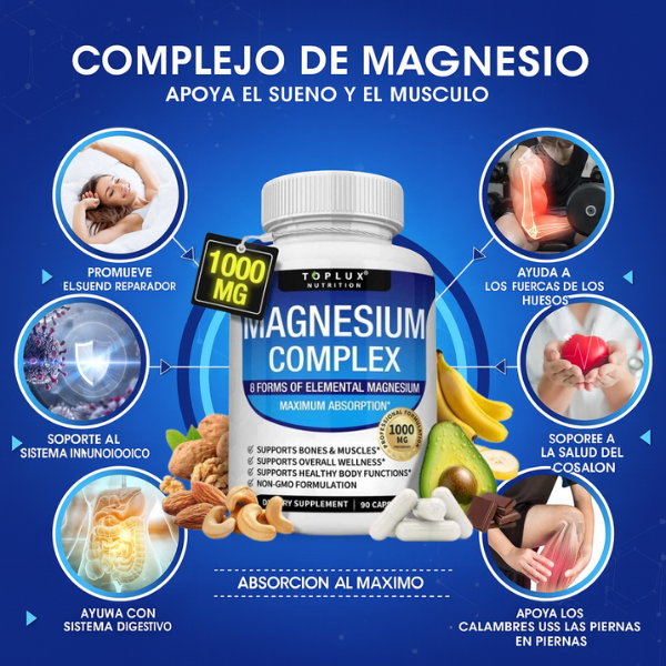 MAGNESIUM COMPLEX Suplemento de complejo de magnesio - 8 elementos de magnesio 1000 mg - glicinato, citrato, malato y taurato de magnesio, quelatados para una fácil absorción, restauración de la energía, vegano, sin OGM, 90 cápsulas (1 unidad)